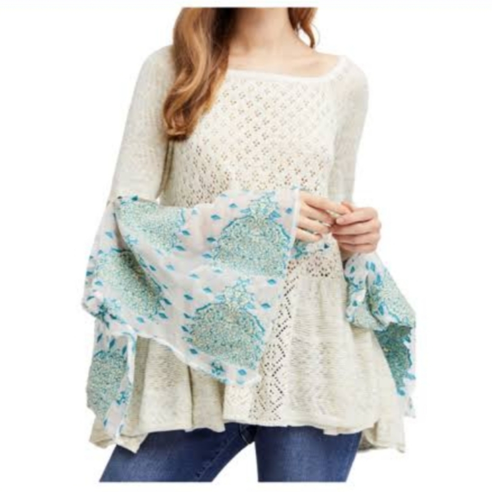 Free People Pointelle Breeze Bell Sleeve Knit Top. Ivory Combo, EUC, size Small